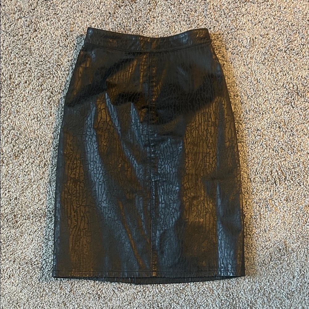 Vintage Black Textured Women's Real Leather Pencil Skirt
